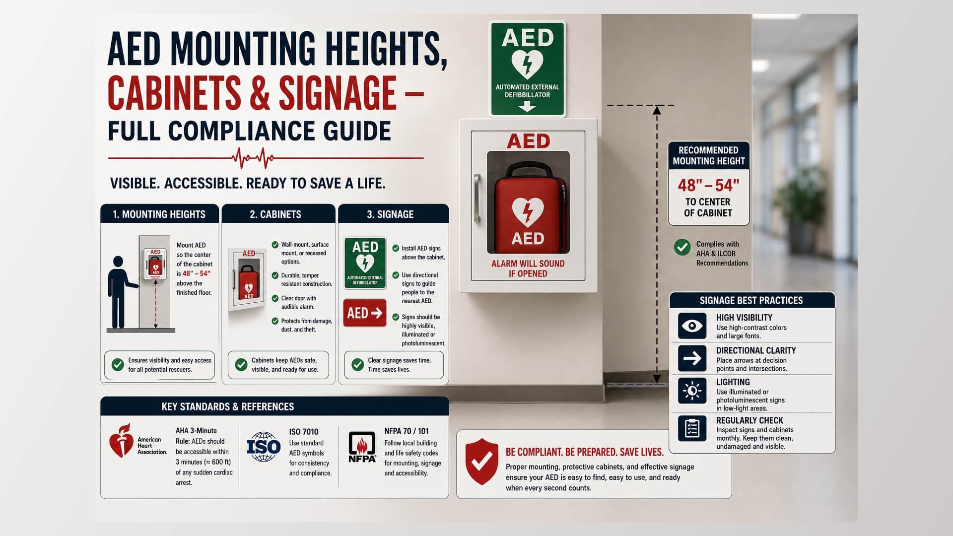 AED Mounting Heights, Cabinets & Signage — Full Compliance Guide | AED Brand Review
