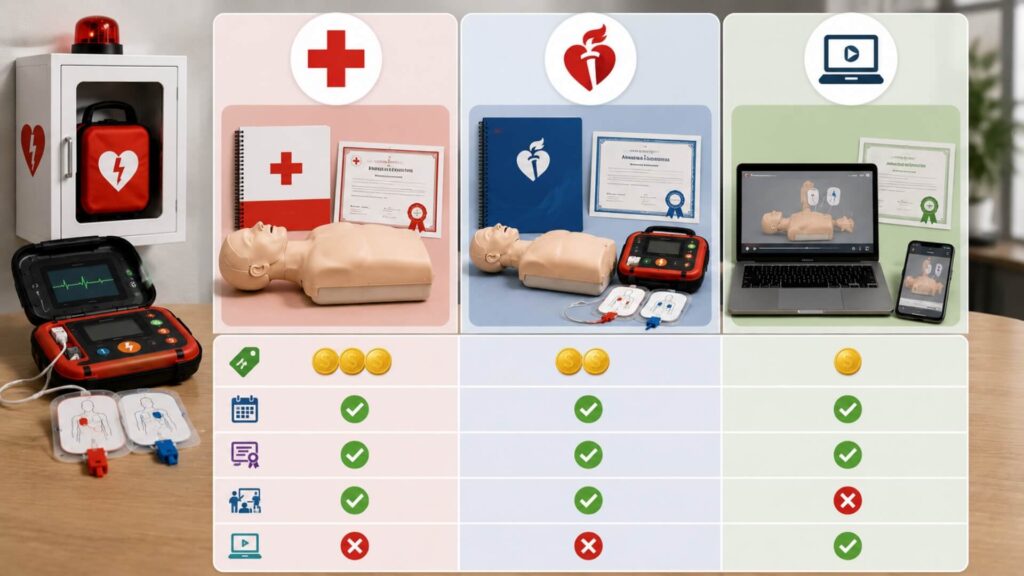 CPR + AED Certification Cost Comparison — Red Cross vs AHA vs Online | AED Brand Review
