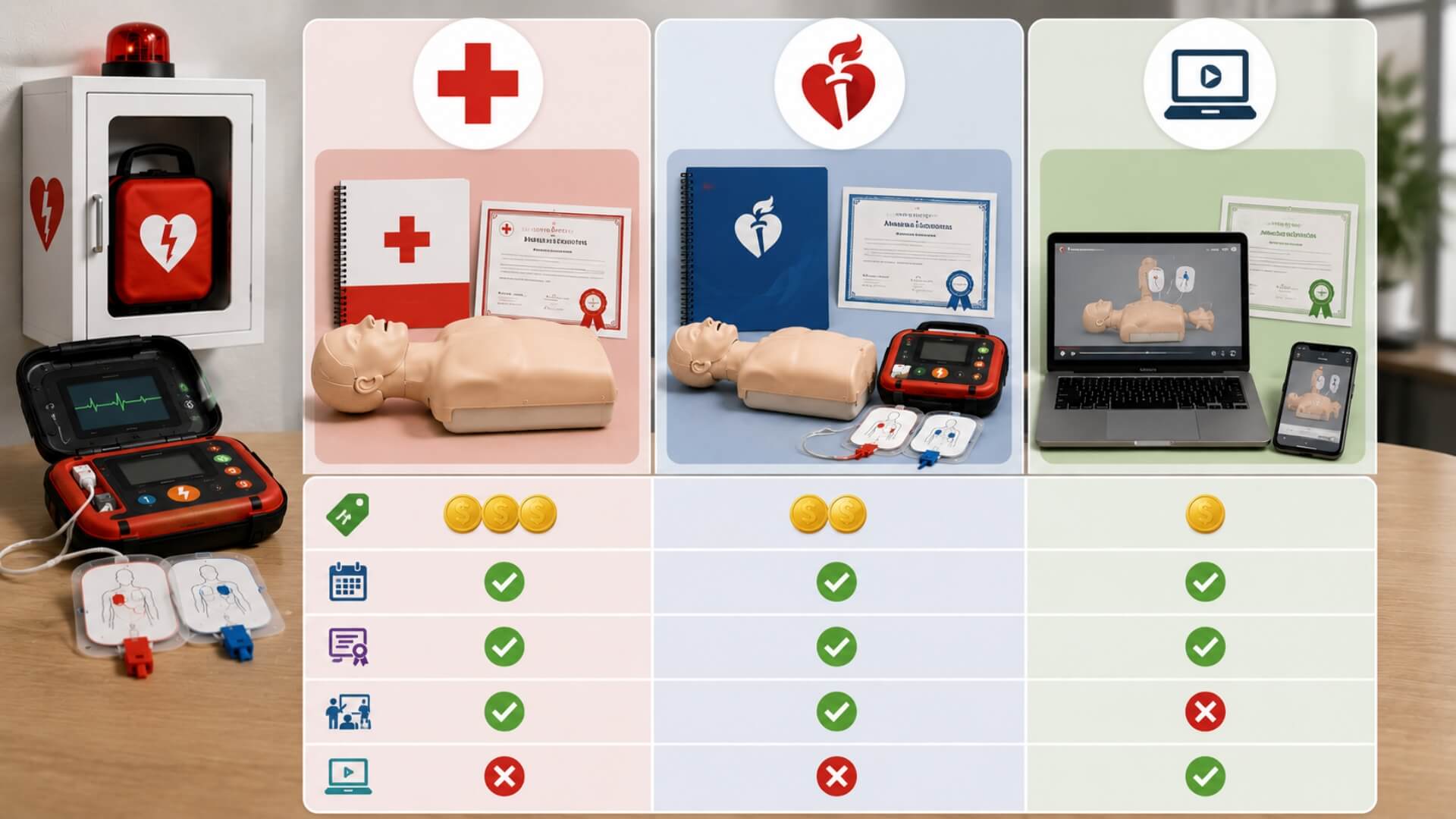 CPR + AED Certification Cost Comparison — Red Cross vs AHA vs Online | AED Brand Review