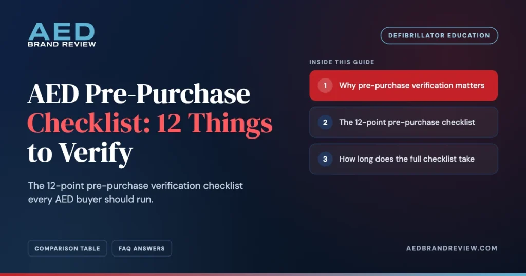 AED Pre-Purchase Checklist: 12 Things to Verify. The 12-point pre-purchase verification checklist every AED buyer should run