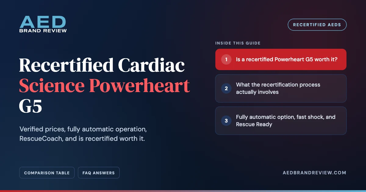 Recertified Cardiac Science Powerheart G5. Verified prices, fully automatic operation, RescueCoach, and is recertified worth