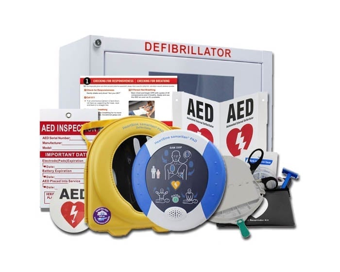 HeartSine Samaritan 350P AED package with wall cabinet, carry case, signs and first responder kit