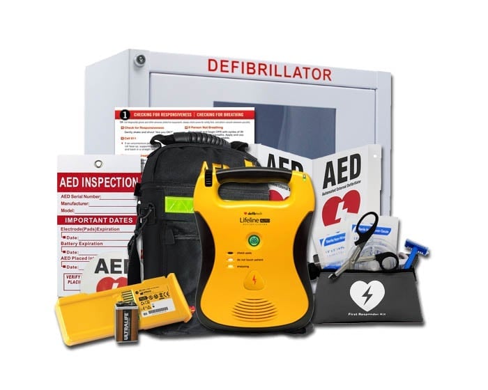Defibtech Lifeline AED package with wall cabinet, carry case, signs and first responder kit